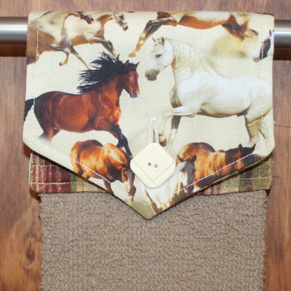 HORSE COLLAGE HAND TOWEL BROWN & TAN HANDMADE HANGING KITCHEN TAN COTTON TOWEL